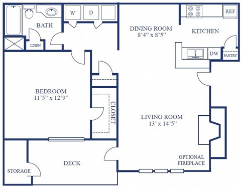 Floor plan for 1 bed, 1 bath, 779 sqft